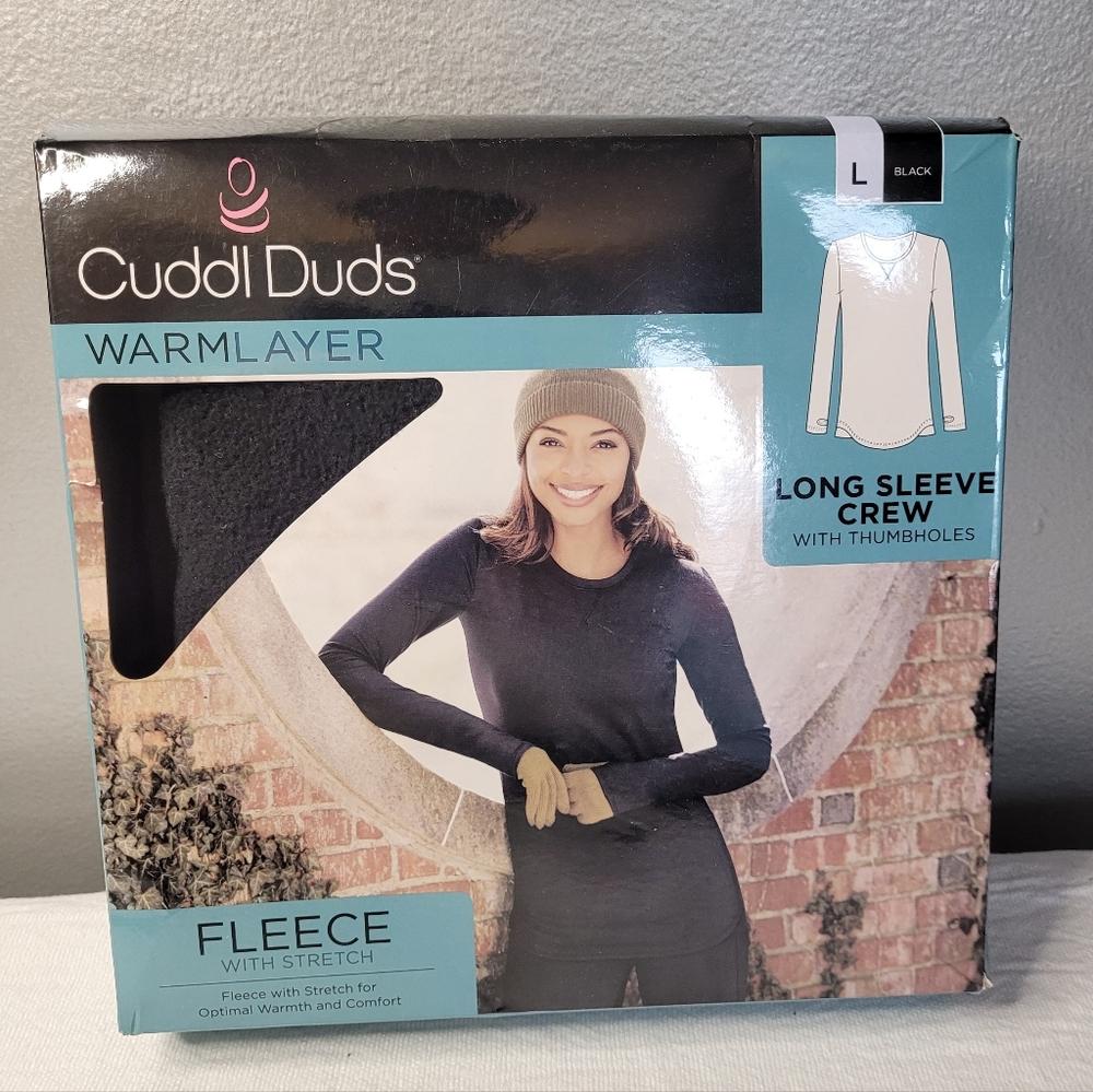 Cuddl Duds Black Fleece Long Sleeve Crew W/ Thumbholes Women's Sz Large